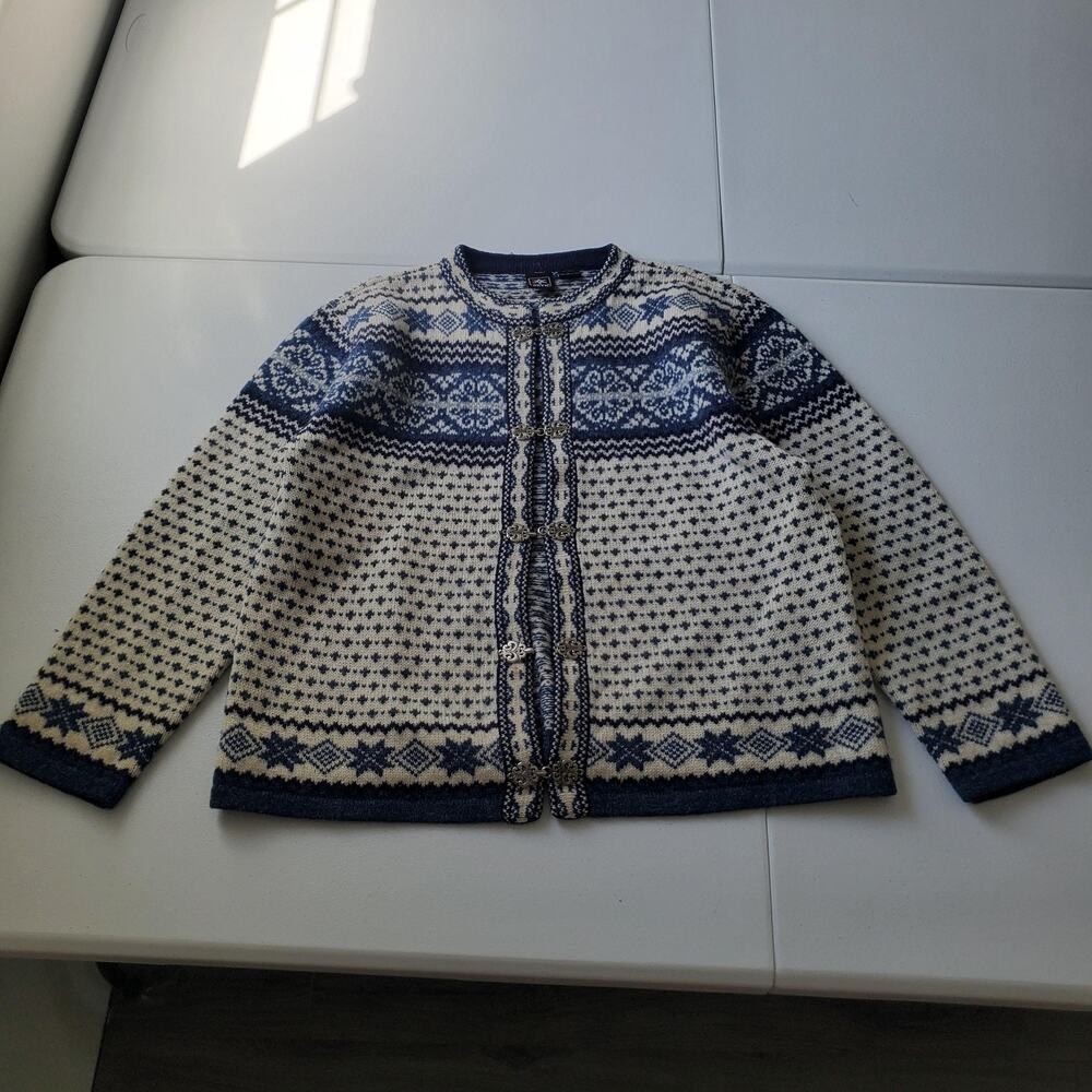 Skyr Nordic Fair Isle Cardigan Sweater Womens Large Blue 100% Wool Ski